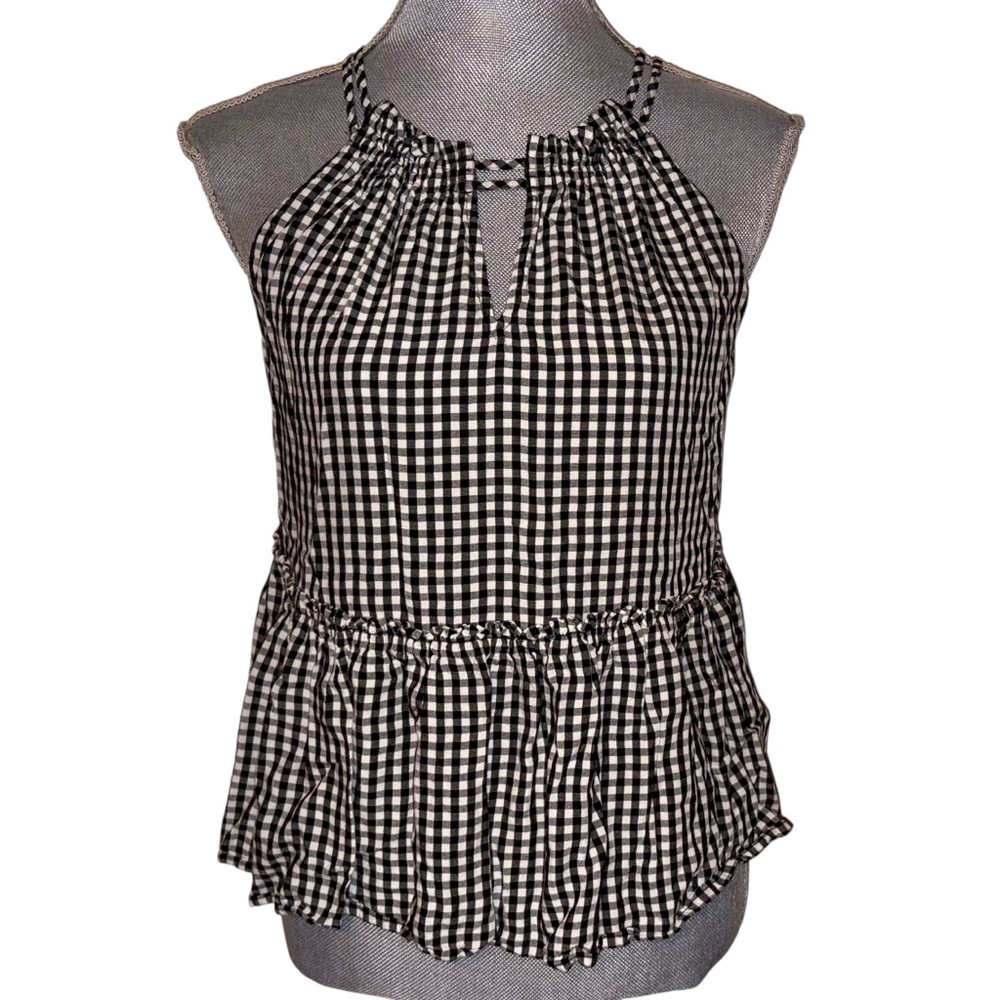 LOFT Black & White Gingham Sleeveless Ruffle Hem Top